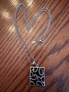 Silver 925 double sided Rectangular Pendant Necklace - Black Inlay Stone.